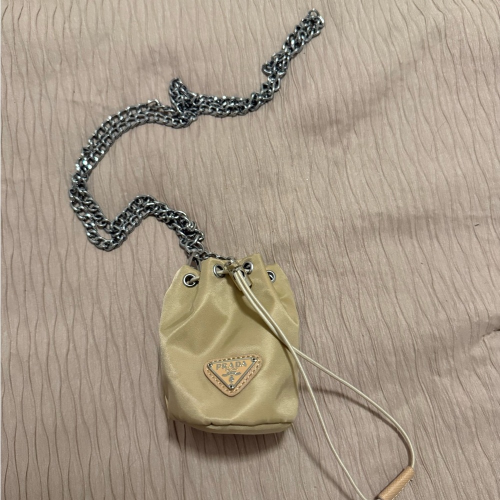 Beige Mini Bucket Bag with Chain Strap